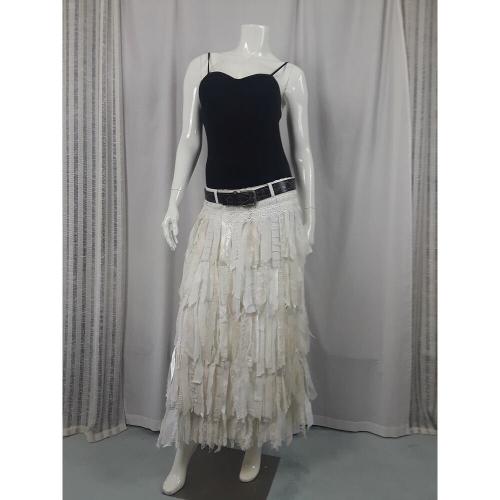 Warrior White RagArt Tiered Maxi Skirt Bohemian Festival Handmade Up Cycled Sz S